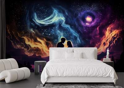 Couple In Love, Magic Cosmic View Of Man And Woman At Night, Illustration. Generative AI Wall mural