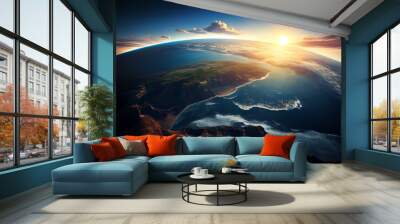 Curvature Of Planet Earth. Aerial View Of Blue Planet From Space. Sunrise Over Globe Land And Ocean. Generative AI Wall mural