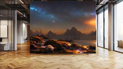 Fantasy night seascape, glowing marine life, starry sky, digital art. Generative AI Wall mural