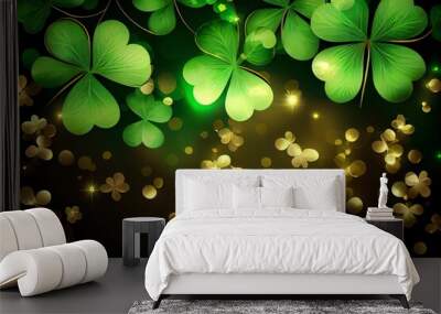 Festive Background With Shining Clover Shamrocks And Golden Bokeh. St. PatrickS Day Backdrop. Illustration. Generative AI Wall mural