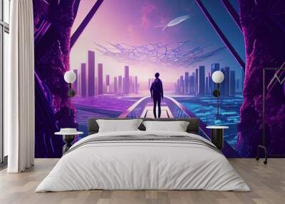 High angle view on man walk on the digital bridge to futuristic metaverse smart city, blue and violet color tone, 3d rendering picture. Generative AI Wall mural