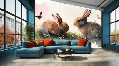 Illustration of Two rabbits playing and catching pink butterflies are depicted in a watercolor. Bunnies in a Meadow Playing. Generative AI Wall mural