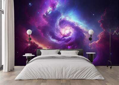 Nebula Galaxy Background With Purple Blue Outer Space. Cosmos Clouds And Beautiful Universe Night Stars. Generative AI Wall mural