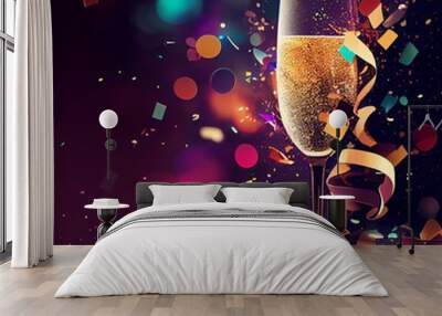 New Years' Eve Celebration Background with Champagne and Confetti. Generative AI Wall mural