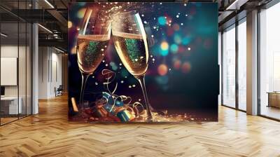 New Years' Eve Celebration Background with Champagne and Confetti. Generative AI Wall mural