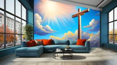 Oil Paint of Jesus appeared bright in the sky and Christian Cross with soft fluffy clouds, white and beautiful with the light shining as hope, love and freedom in the sky background. Generative AI Wall mural