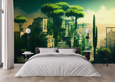 Splendid city covered with green trees and plant. Digital art. Generative AI Wall mural