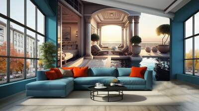 Stunning luxury penthouse terrace with a swimming pool. Generative AI Wall mural