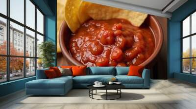 Tortilla chips served in a bowl over wood table with accompanying tomato salsa Wall mural