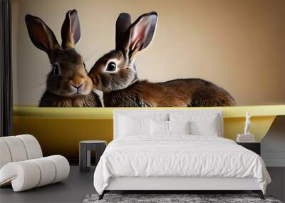 Two Cute Baby Brown Rabbit In The Bathtub, Blurred Light Yellow Background. Generative AI Wall mural