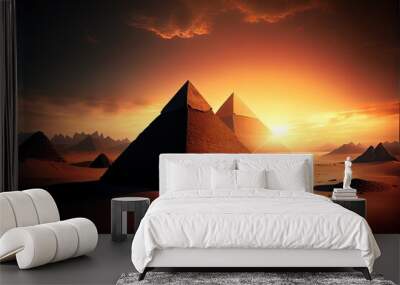 Two fictional egyptian pyramids in desert with evening sunset. Generative AI Wall mural