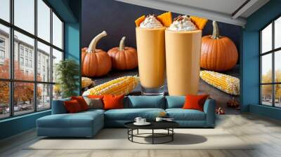 Two Glasses Of Pumpkin Smoothie With Whipped Cream And Whipped Cream Wall mural