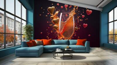 Valentine's Day Champagne with Heart-Shaped Confetti. Generative AI Wall mural