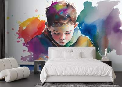 Watercolor Illustration of a Abstract Art. Colorful Painting Art Of A Boy Exploring The Mystery Of A Book. Memory Or Emotion Concept. Generative AI Wall mural