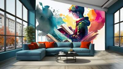 Watercolor Illustration of a Abstract Art. Colorful Painting Art Of A Boy Exploring The Mystery Of A Book. Memory Or Emotion Concept. Generative AI Wall mural