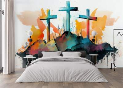 Watercolor Illustration of a Abstract Art. Colorful Painting Art Of Three Crosses On A Hill. Christian Illustration. Generative AI Wall mural