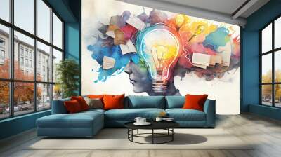 Watercolor Illustration of a Brainstorm Whit New Creative Ideas, Art Collage Illustration. Generative AI Wall mural