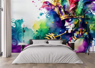 Watercolor Illustration of a Carnaval Mardi Gras Celebration Wallpaper Illustration. Generative AI Wall mural