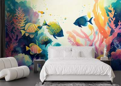 Watercolor Illustration of a Colorful Tropical Fishes. Generative AI Wall mural