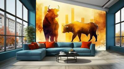 Watercolor Illustration of a Gold Chart Business Background With Golden Bull And Bear. Generative AI Wall mural