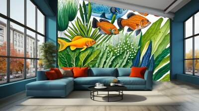 Watercolor Illustration of a group of different types of plants and fish representing biodiversity. Generative AI Wall mural