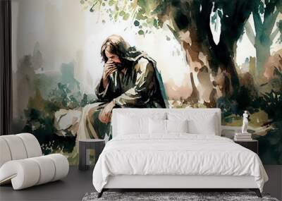 Watercolor Illustration of a Jesus Christ Praying In The Garden Of Gethsemane Painting. Generative AI Wall mural