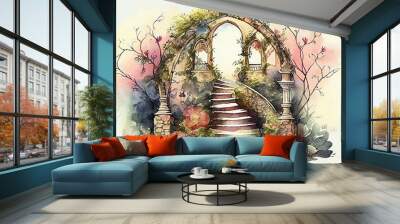 Watercolor Illustration of a Magic Fairytale Garden With Arch And Stairs. Generative AI Wall mural