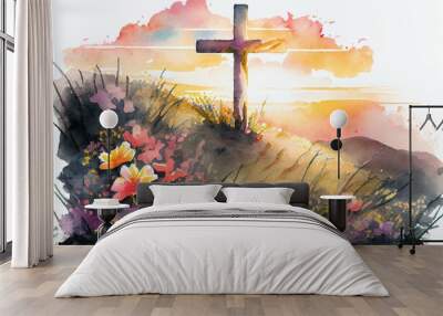 Watercolor Illustration of a Religious Cross On Hilltop With Spring Flowers And Sunrise. Generative AI Wall mural