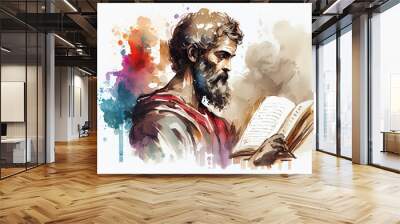 Watercolor Illustration of a Saint Paul Apostle With Book Portrait. Color Illustration. Generative AI Wall mural