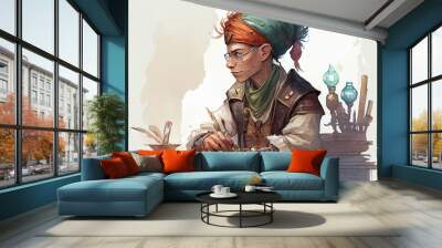 Watercolor Illustration of a Scribe Character Portrait, Rpg, Fantasy Avatar And Token. Generative AI Wall mural