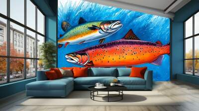 Watercolor Illustration of Colorful salmon fish splashing in water. Generative AI Wall mural