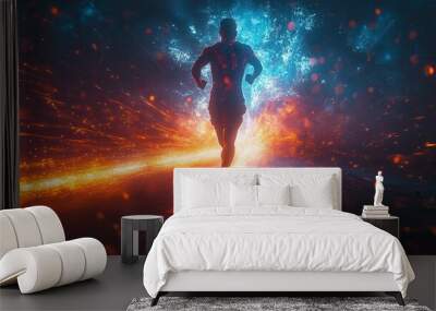 A futuristic runner sprints through a vibrant trail of light and energy. The digital art concept showcases dynamic motion, with a highspeed athlete creating a mesmerizing Wall mural