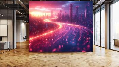 A vibrant futuristic skyline with stunning lighting effects, featuring bright trails of light and a colorful sunset backdrop. Appears to be an urban environment. Wall mural