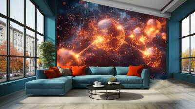 A visually captivating abstract image featuring glowing spheres and particles, representing energy and molecular connections in a dark background. Wall mural