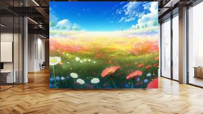 Anime style landscape, meadow full of flowers, blue sky, fluffy clouds, Generative AI Wall mural