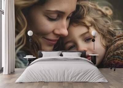 Portrait photograph of a mother hugging her child close-up Wall mural