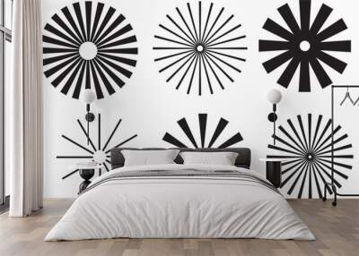 Collection of simple black sunbursts isolated on transparent background – Set of minimalist radial frames and round ray patterns Wall mural