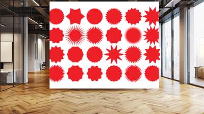 Set of red price sticker, sale or discount sticker, sunburst badges icon. Stars shape with different number of rays. Special offer price tag. Red starburst promotional badge set, shopping labels. eps  Wall mural