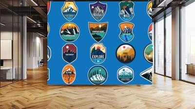 Set of twenty mountain travel emblems. Camping outdoor adventure emblems, badges and logo patches. Mountain tourism, hiking. Forest camp labels in vintage style Wall mural