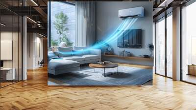 Inviting air-conditioned living room with visible cool air, An Air conditioning unit emitting a cool breeze in the summer season into a room.  Wall mural