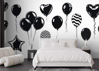 Balloons vector illustration. Party helium star and heart shaped balloon decoration hand drawn black on white background. Celebration silhouette. Wall mural