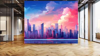 Big city skyscrapers skyline landscape illustration in cartoon style. Scenery abstract background Wall mural