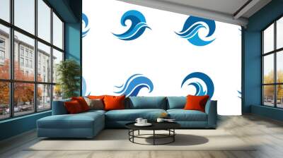 Blue wave icons in different shapes and styles. Vector cartoon illustration, ocean water logotype. Wall mural