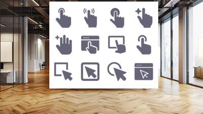 Click glyph flat icons. Vector solid pictogram set included icon as human finger, cursor on button, hand navigation, arrow pointer, mouse tap, touch screen silhouette illustration for infographic. Wall mural