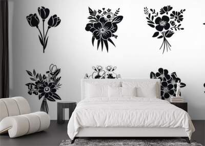 Elegant Flower Bouquet vector illustration. Different wildflowers hand drawn black on white background. Floral decoration silhouette. Wall mural