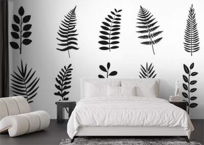 Fern vector illustration. Wild plant leaves hand drawn black on white background. Forest branch silhouette. Wall mural