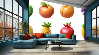 Fruits 3D icons. Illustration of food - strawberry, green apple, persimmon, pineapple, pomegranate, fig, dragon fruit, raspberry, papaya Wall mural