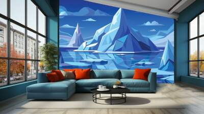 Iceberg landscape in cold ocean vector cartoon illustration. Crystal blue ice formations floating in sea. Wall mural