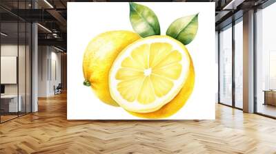 Lemons fruits and slice watercolor illustration on white background Wall mural