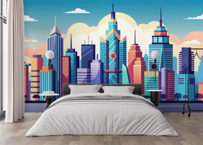 Majestic city skyline against a sunset,  vector cartoon illustration. Wall mural